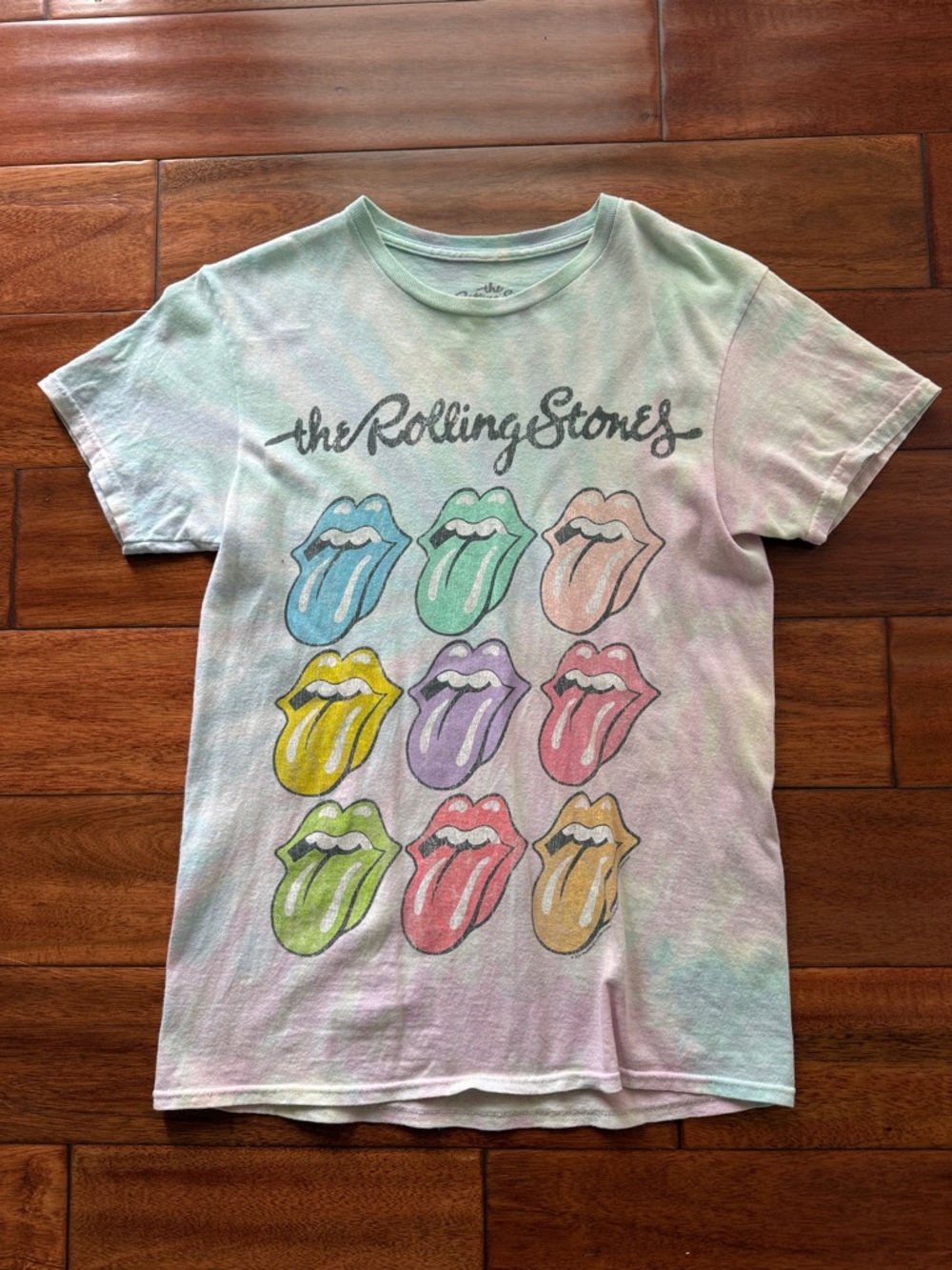 the Rolling Stones Pastel Tie-Dye T-Shirt with Multicolor Tongue Logos S/M
